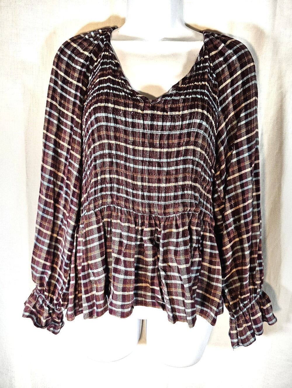 2/$20 Cato L Plaid Smocked Ls Peplum Top